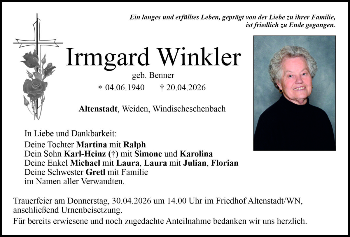 Traueranzeige Irmgard Winkler, Altenstadt/WN