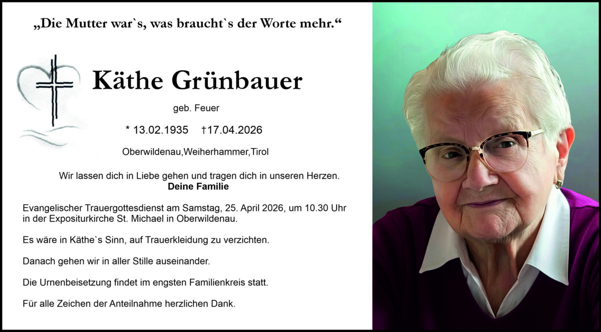 Traueranzeige Käthe Grünbauer, Oberwildenau