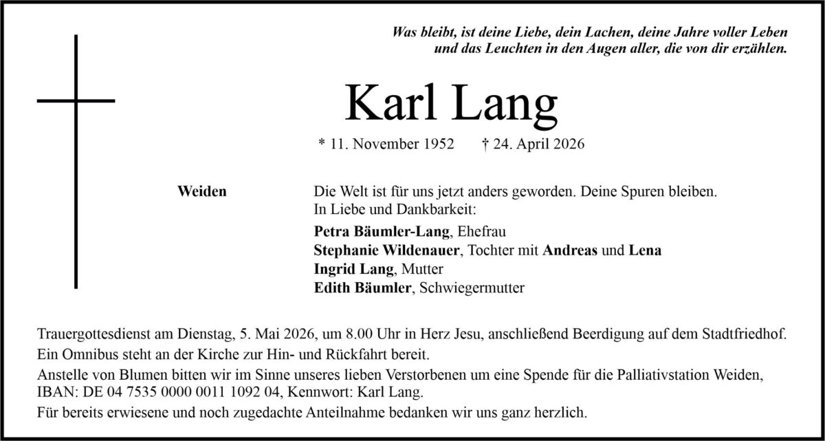 Traueranzeige Karl Lang, Weiden