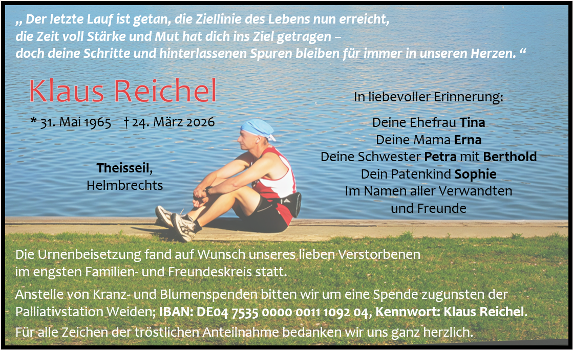 Traueranzeige Klaus Reichel, Theisseil