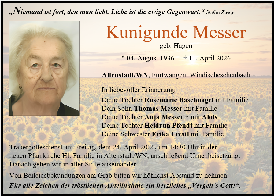 Traueranzeige Kunigunde Messer, Altenstadt/WN