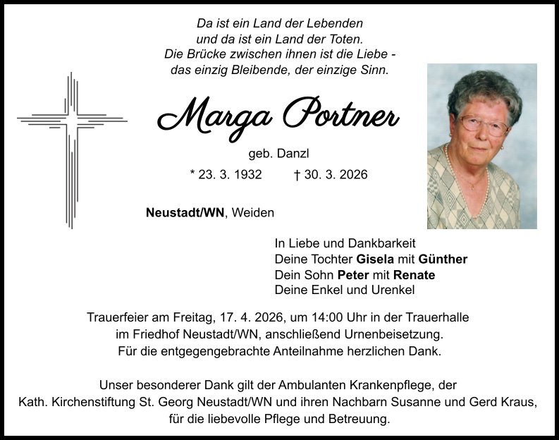 Traueranzeige Marga Portner, Neustadt/WN