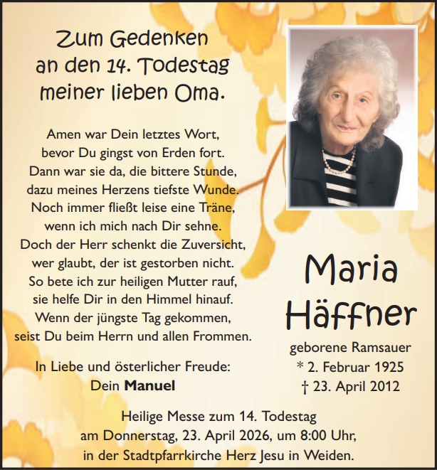 Memoriums-Anzeige Maria Häffner, Weiden