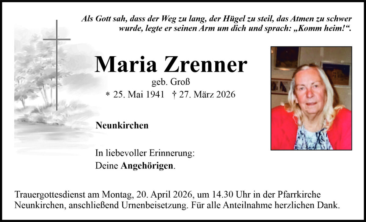 Traueranzeige Maria Zrenner, Neunkirchen