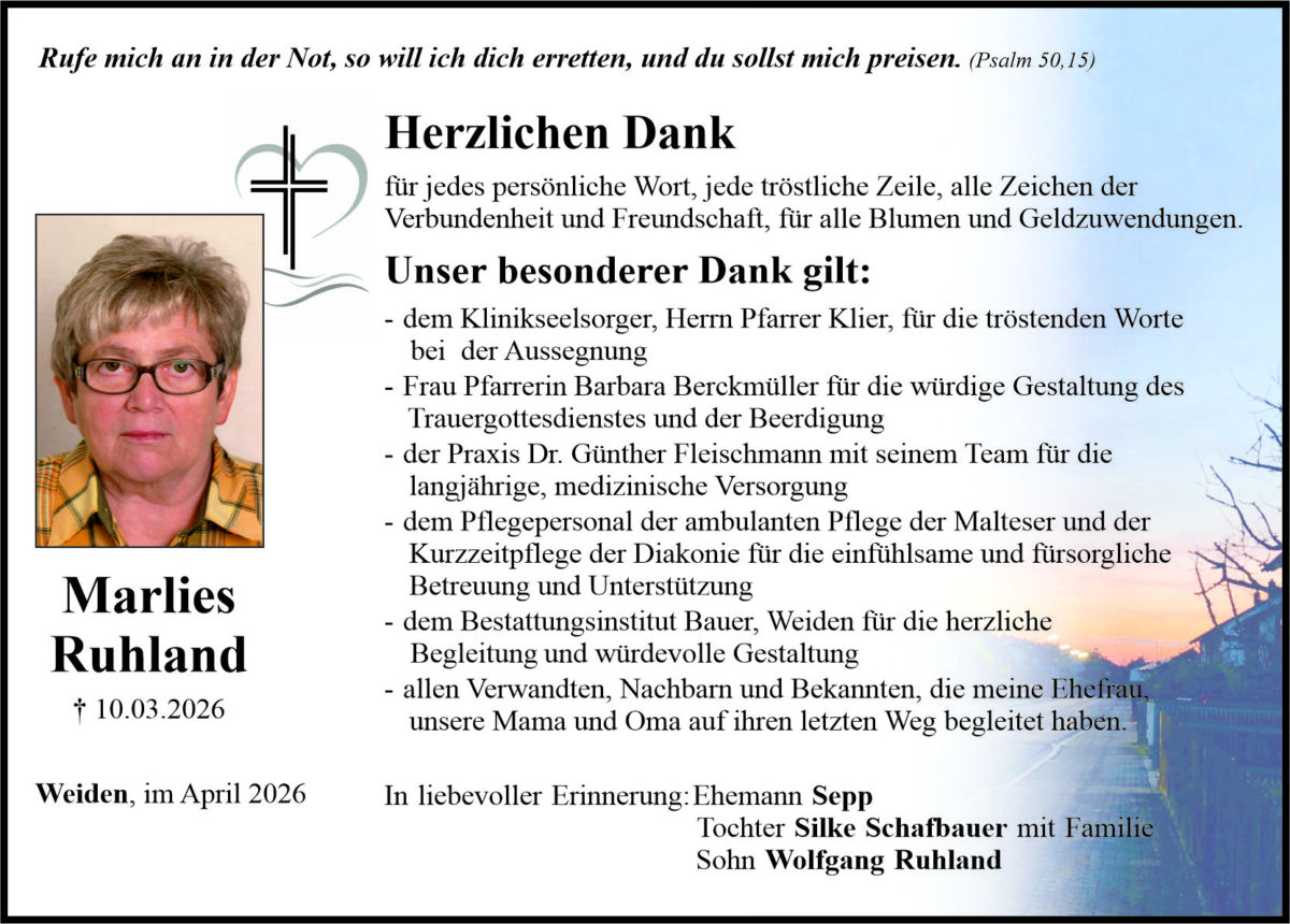 Traueranzeige Marlies Ruhland, Weiden