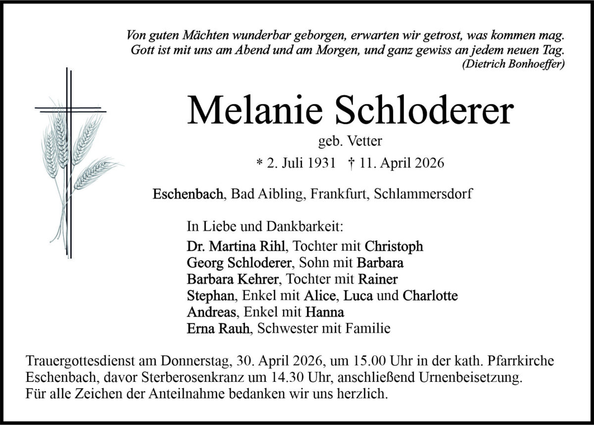 Traueranzeige Melanie Schloderer, Eschenbach