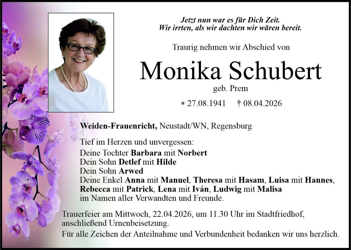 Traueranzeige Monika Schubert, Weiden-Frauenricht