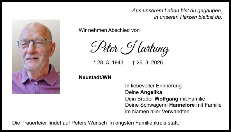 Traueranzeige Peter Hartung, Neustadt/WN