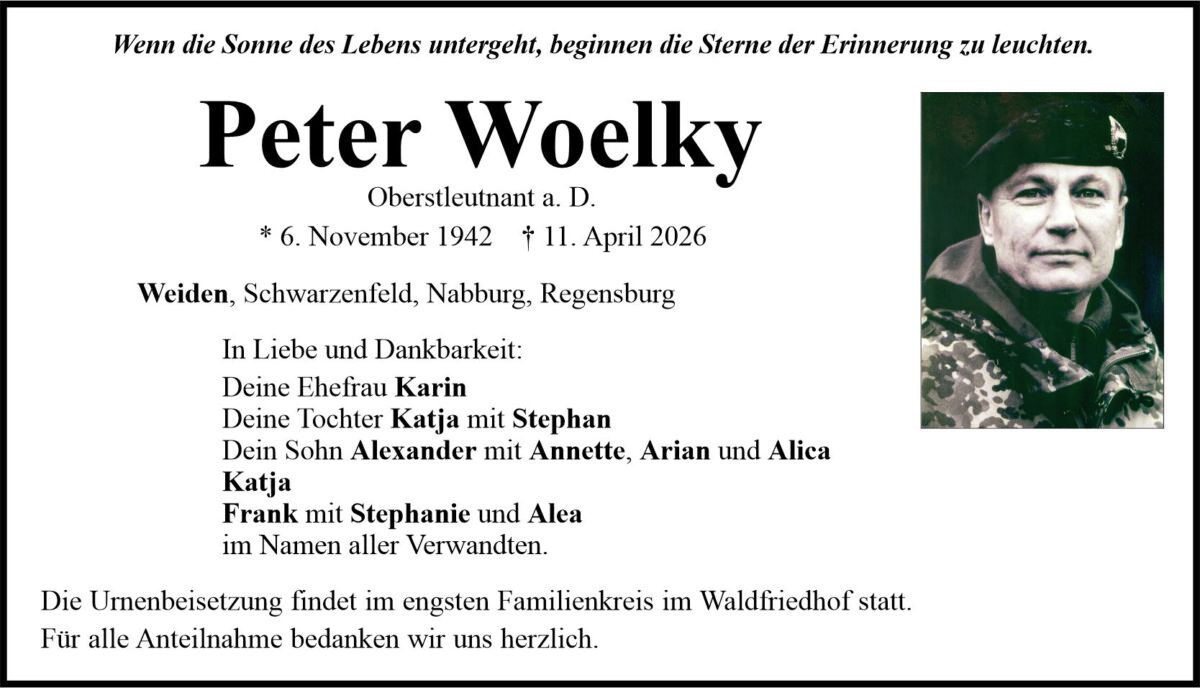 Traueranzeige Peter Woelky, Weiden