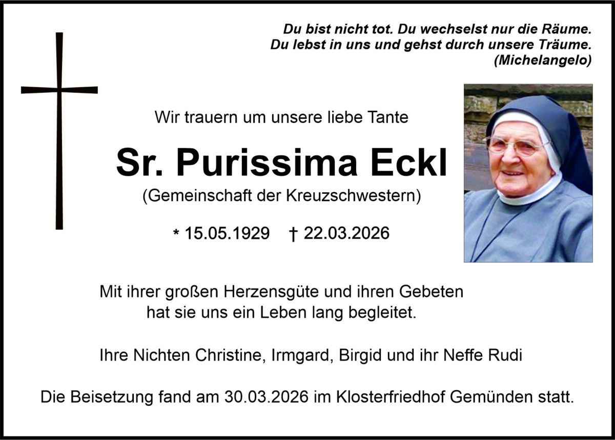 Traueranzeige Purissima Eckl, Gemünden am Main