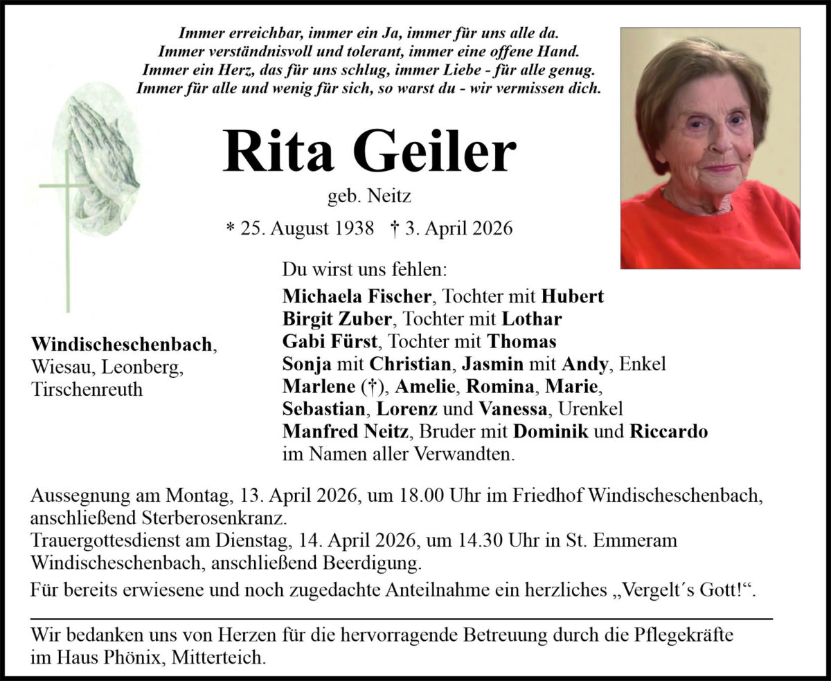 Traueranzeige Rita Geiler, Windischeschenbach
