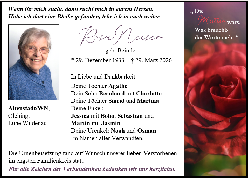 Traueranzeige Rosa Neiser, Altenstadt/WN