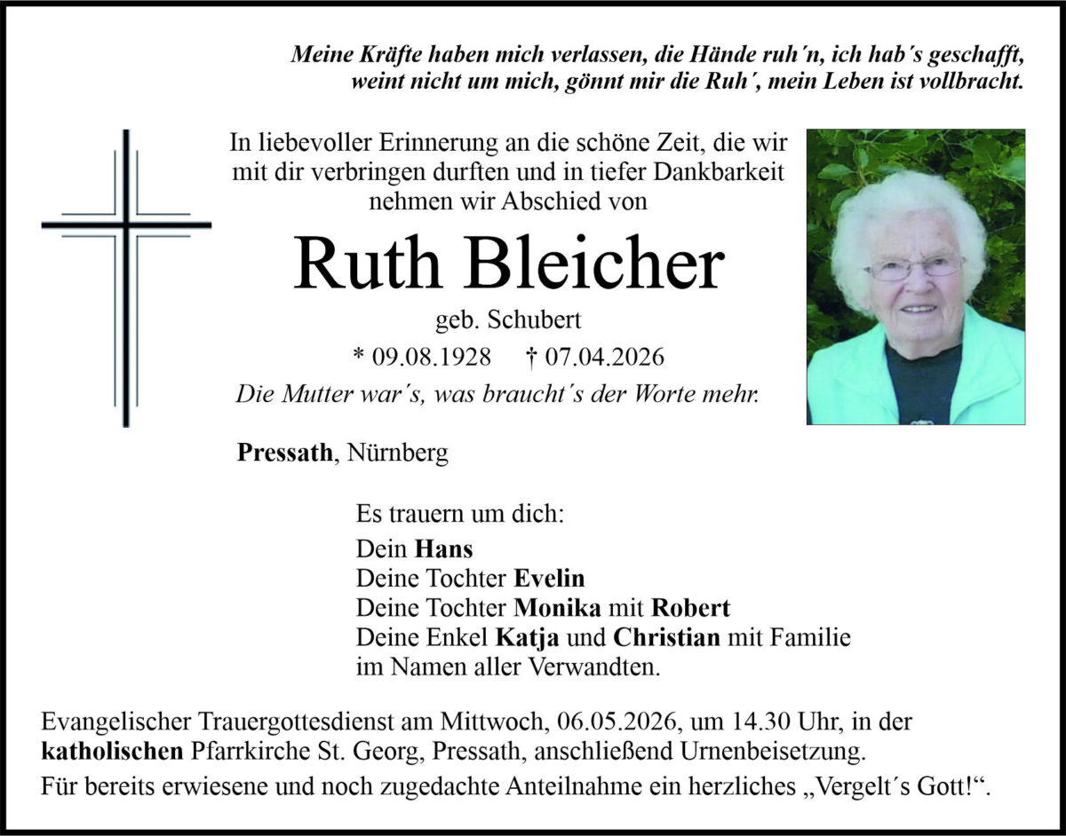 Traueranzeige Ruth Bleicher, Pressath