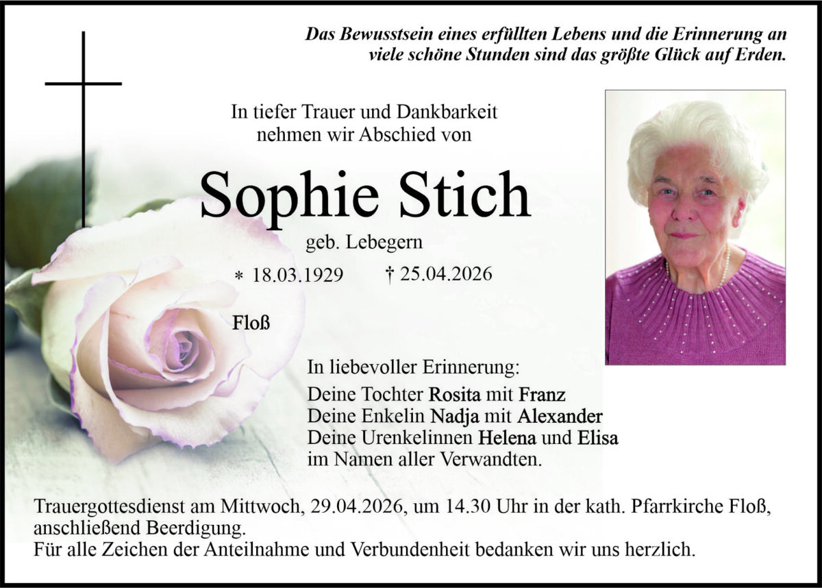 Traueranzeige Sophie Stich, Floß