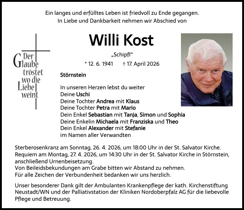Traueranzeige Willi Kost, Störnstein