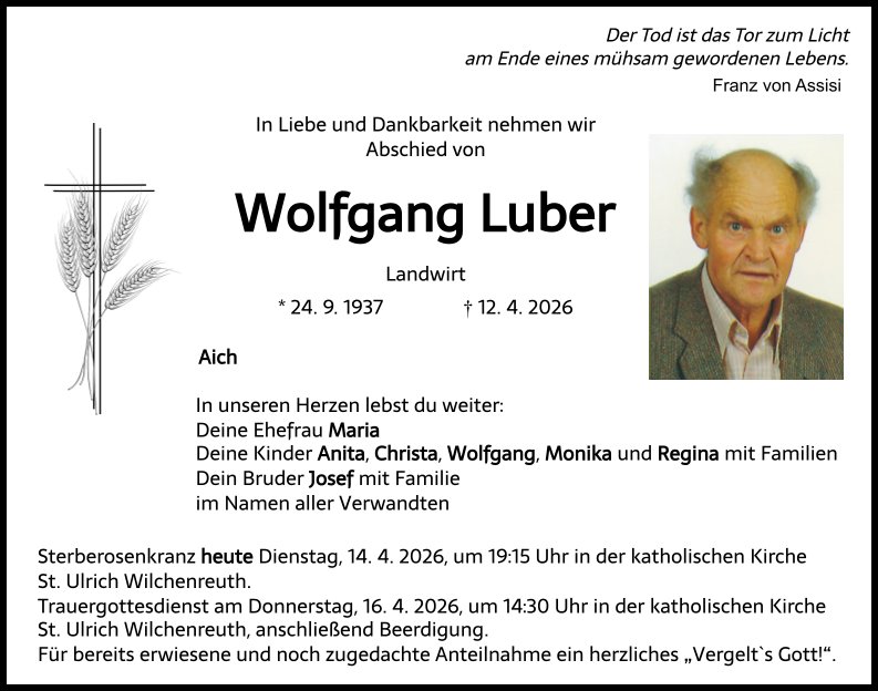 Traueranzeige Wolfgang Luber, Wilchenreuth