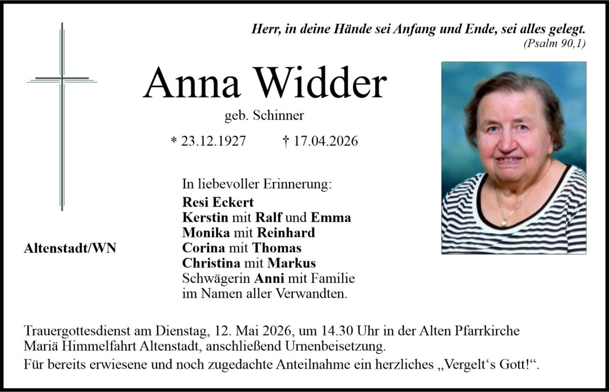 Traueranzeige Anna Widder, Altenstadt/WN