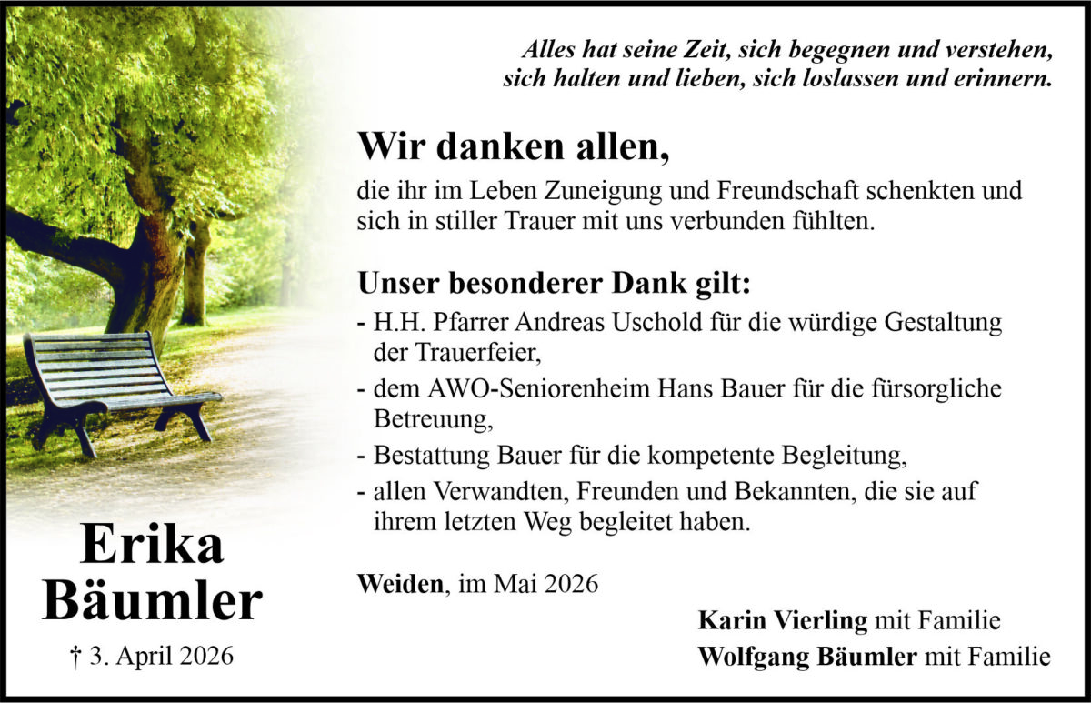 Danksagung Erika Bäumler, Weiden