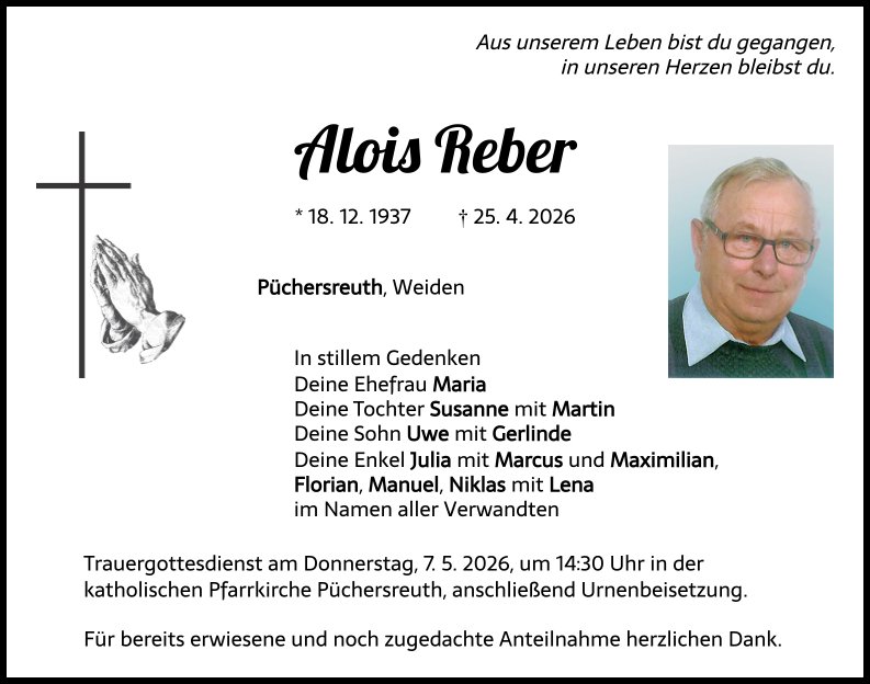Traueranzeige Alois Reber, Püchersreuth