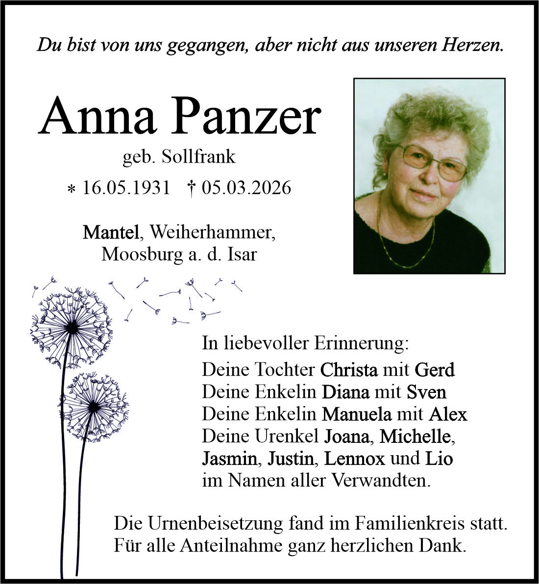 Traueranzeige Anna Panzer, Mantel