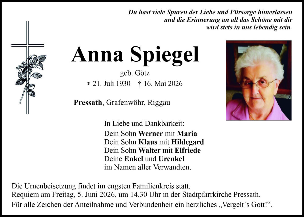 Traueranzeige Anna Spiegel, Pressath