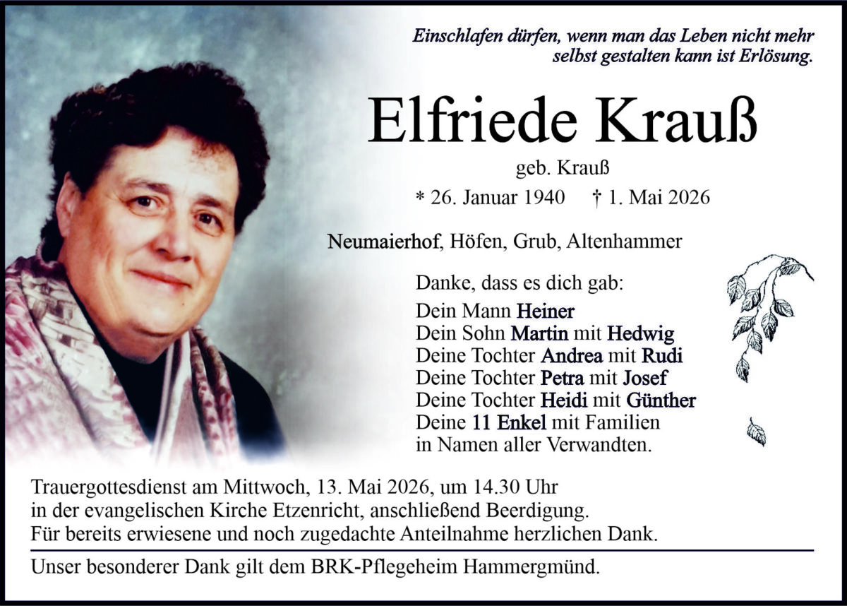Traueranzeige Elfriede Krauß, Neumaierhof