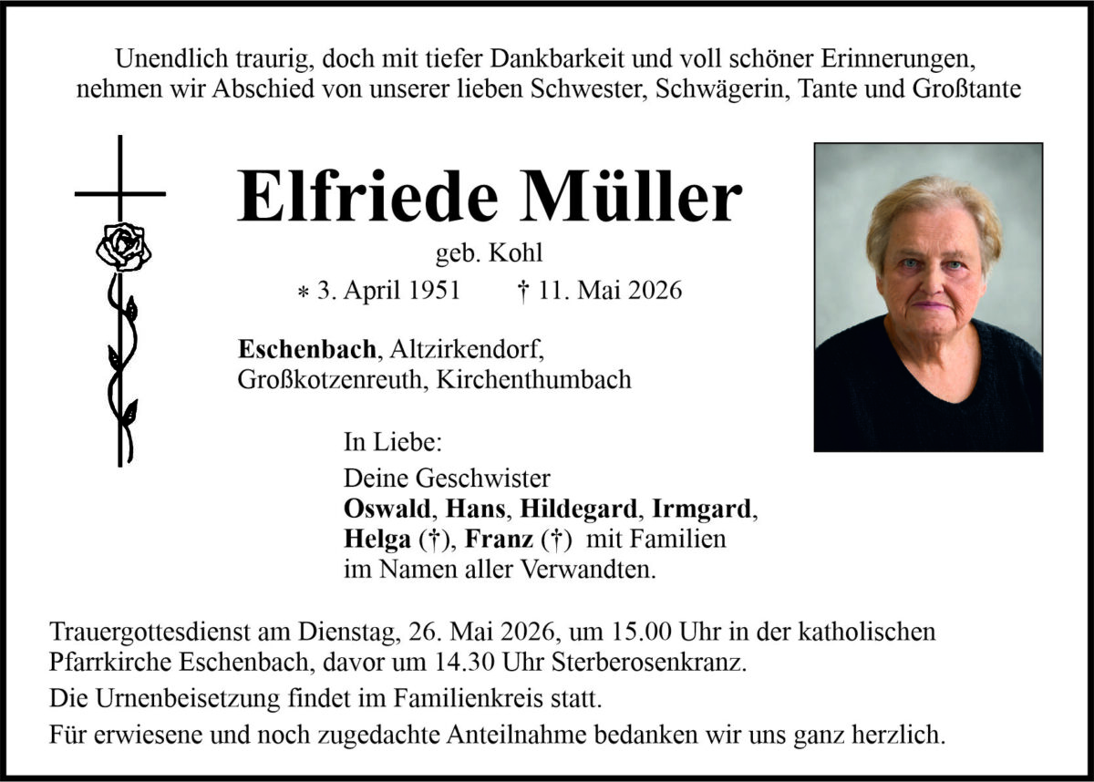 Traueranzeige Elfriede Müller, Eschenbach