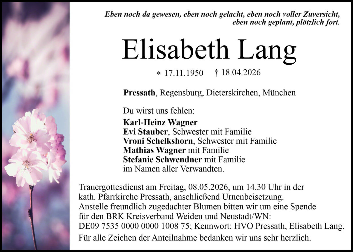 Traueranzeige Elisabeth Lang, Pressath