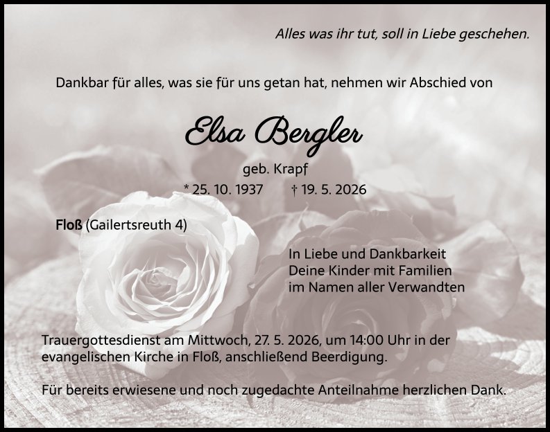 Traueranzeige Elsa Bergler, Floß