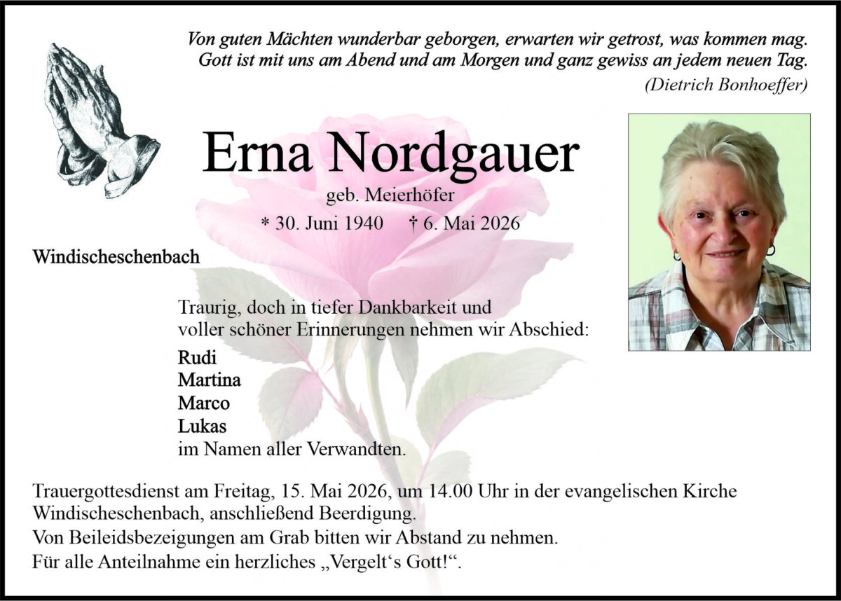 Traueranzeige Erna Nordgauer, Windischeschenbach