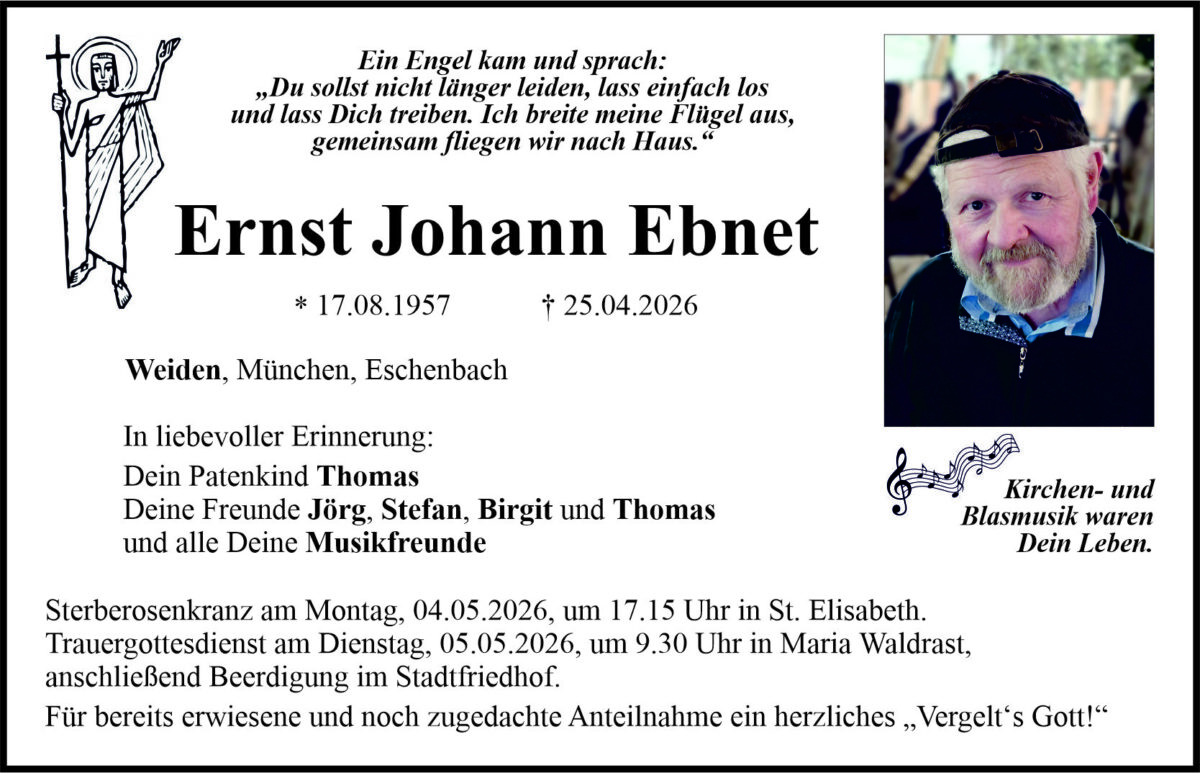 Traueranzeige Ernst Johann Ebert, Weiden
