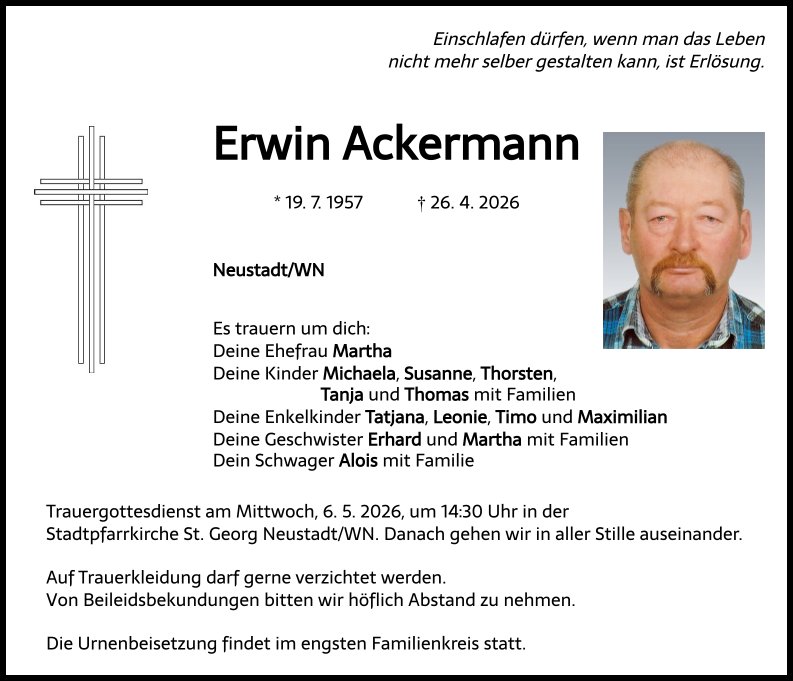 Traueranzeige Erwin Ackermann, Neustadt/WN.