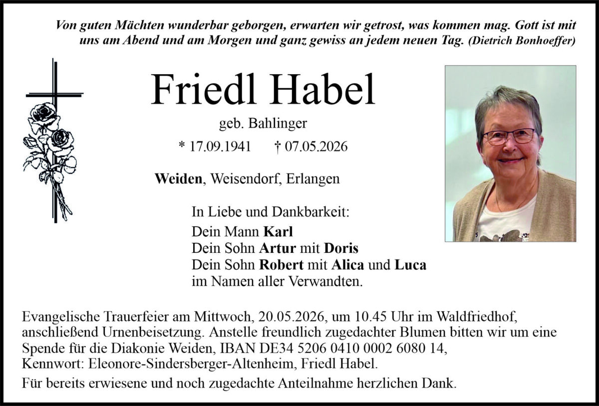 Traueranzeige Friedl Habel, Weiden