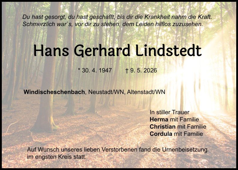 Traueranzeige Hans Gerhard Lindstedt, Windischeschenbach