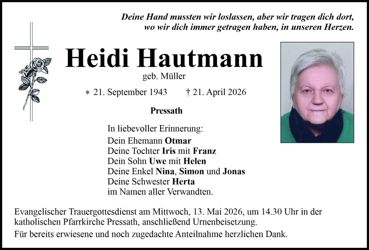 Traueranzeige Heidi Hautmann, Pressath