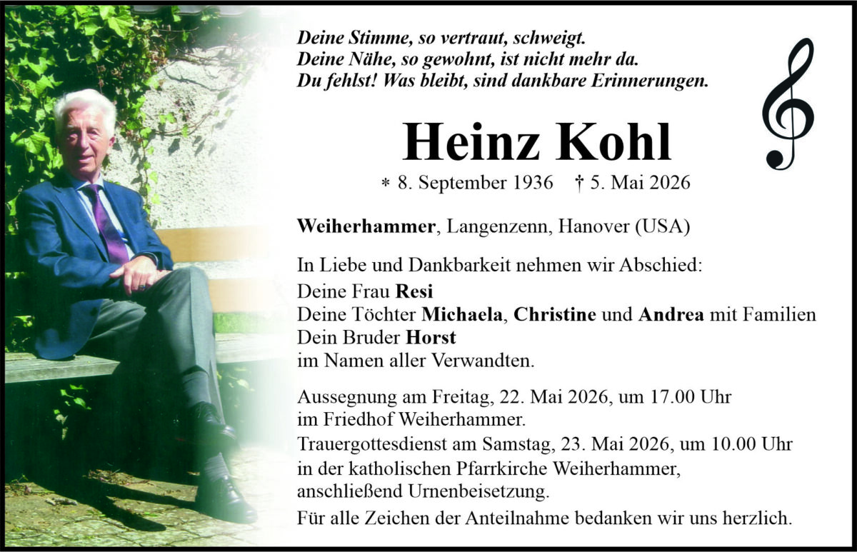 Traueranzeige Heinz Kohl, Weiherhammer