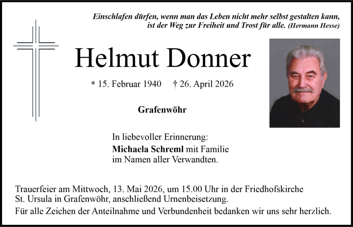 Traueranzeige Helmut Donner, Grafenwöhr