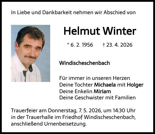 Traueranzeige Helmut Winter, Windischeschenbach