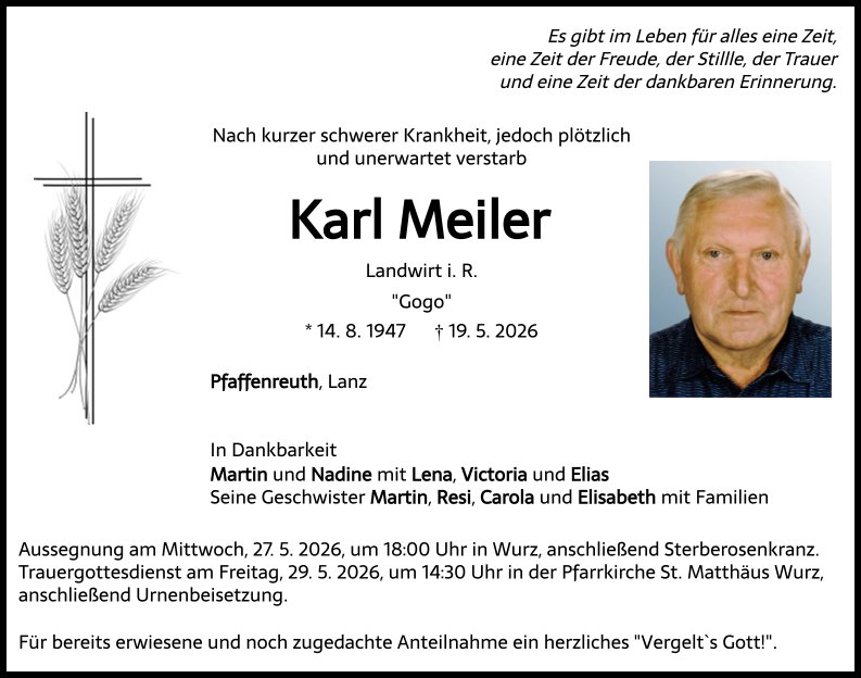 Traueranzeige Karl Meiler, Pfaffenreuth