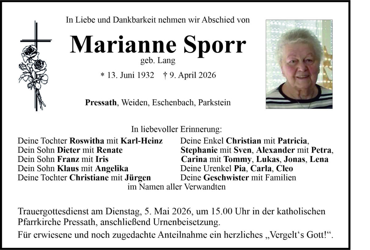 Traueranzeige Marianne Sporr, Pressath
