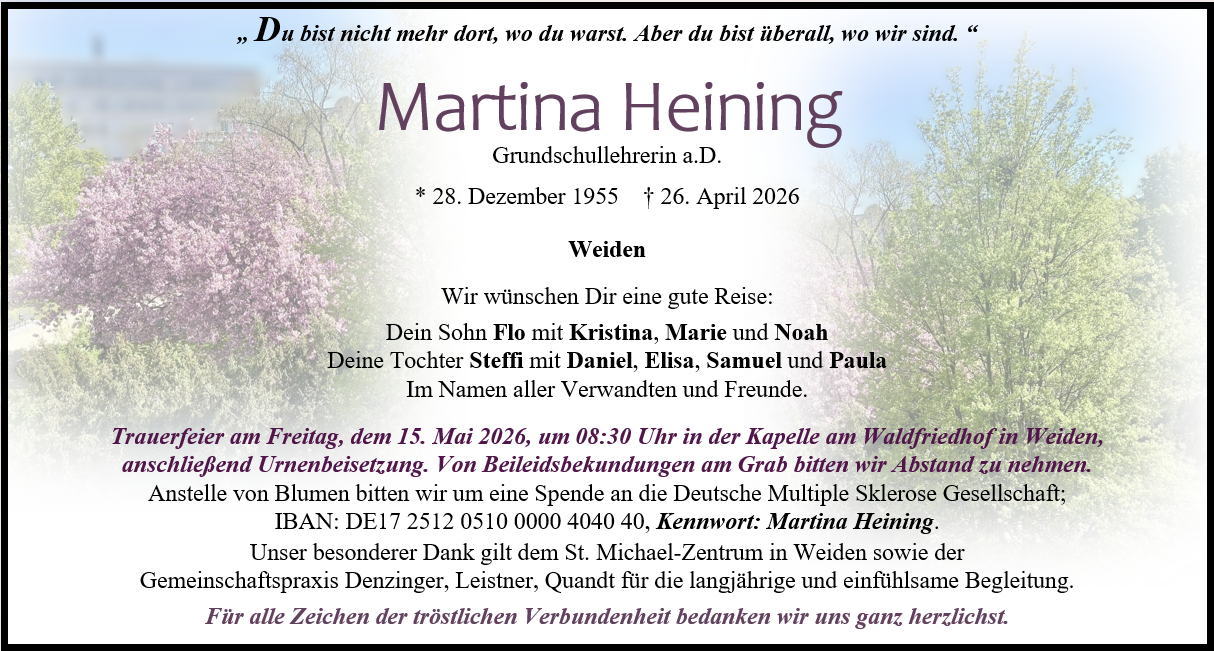 Traueranzeige Martina Heining, Weiden