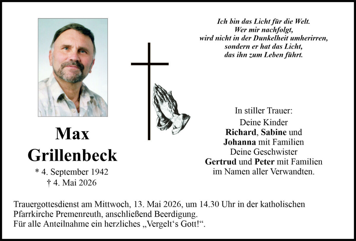 Traueranzeige Max Grillenbeck, Premenreuth