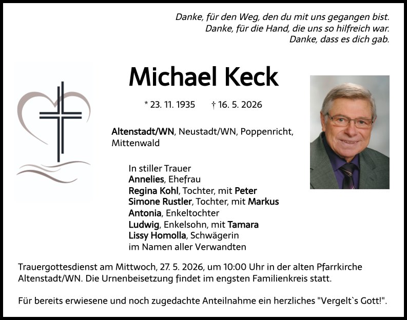 Traueranzeige Michael Keck, Altenstadt/WN