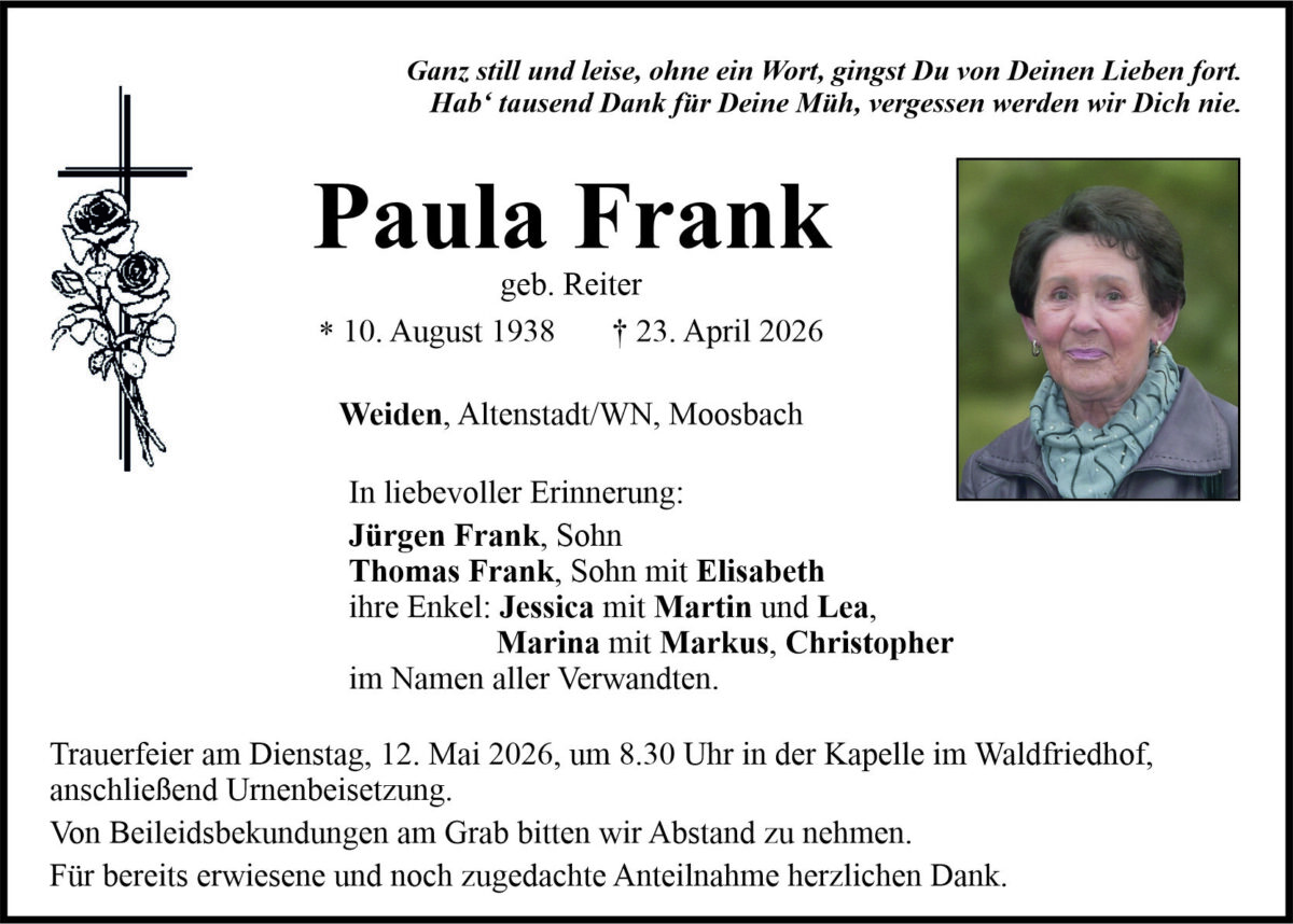 Traueranzeige Paula Frank, Weiden