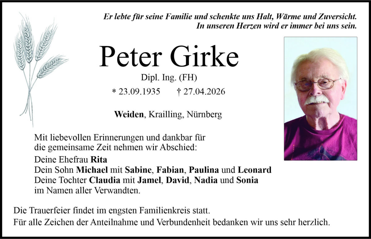 Traueranzeige Peter Girke, Weiden