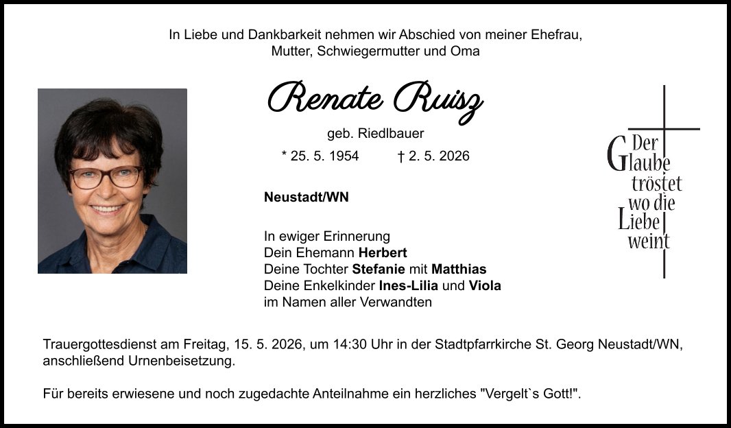 Traueranzeige Renate Ruisz, Neustadt/WN