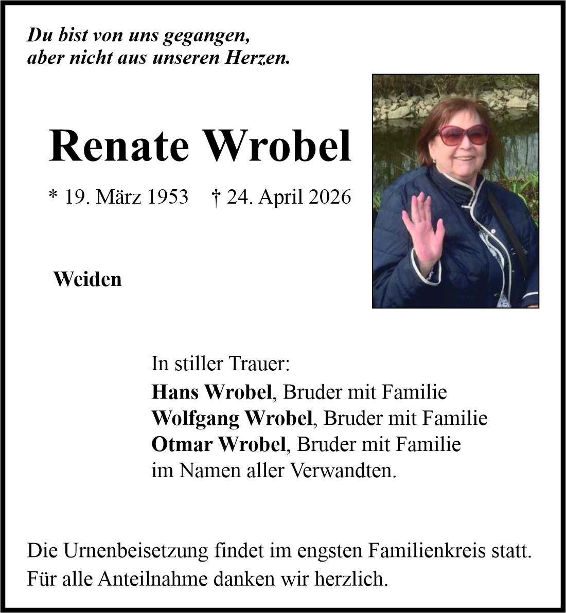Traueranzeige Renate Wrobel, Weiden