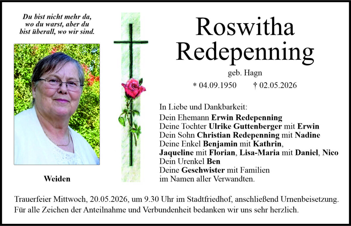 Traueranzeige Roswitha Redepenning, Weiden
