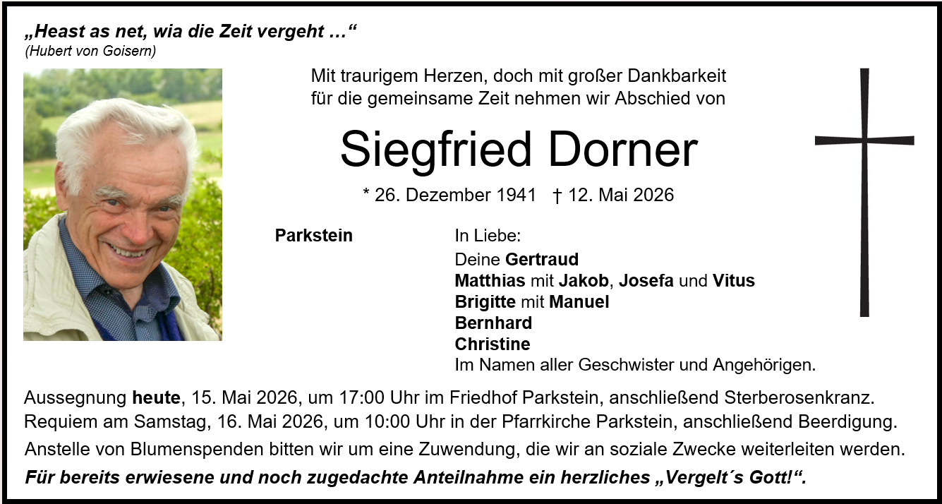 Traueranzeige Siegfried Dorner, Parkstein