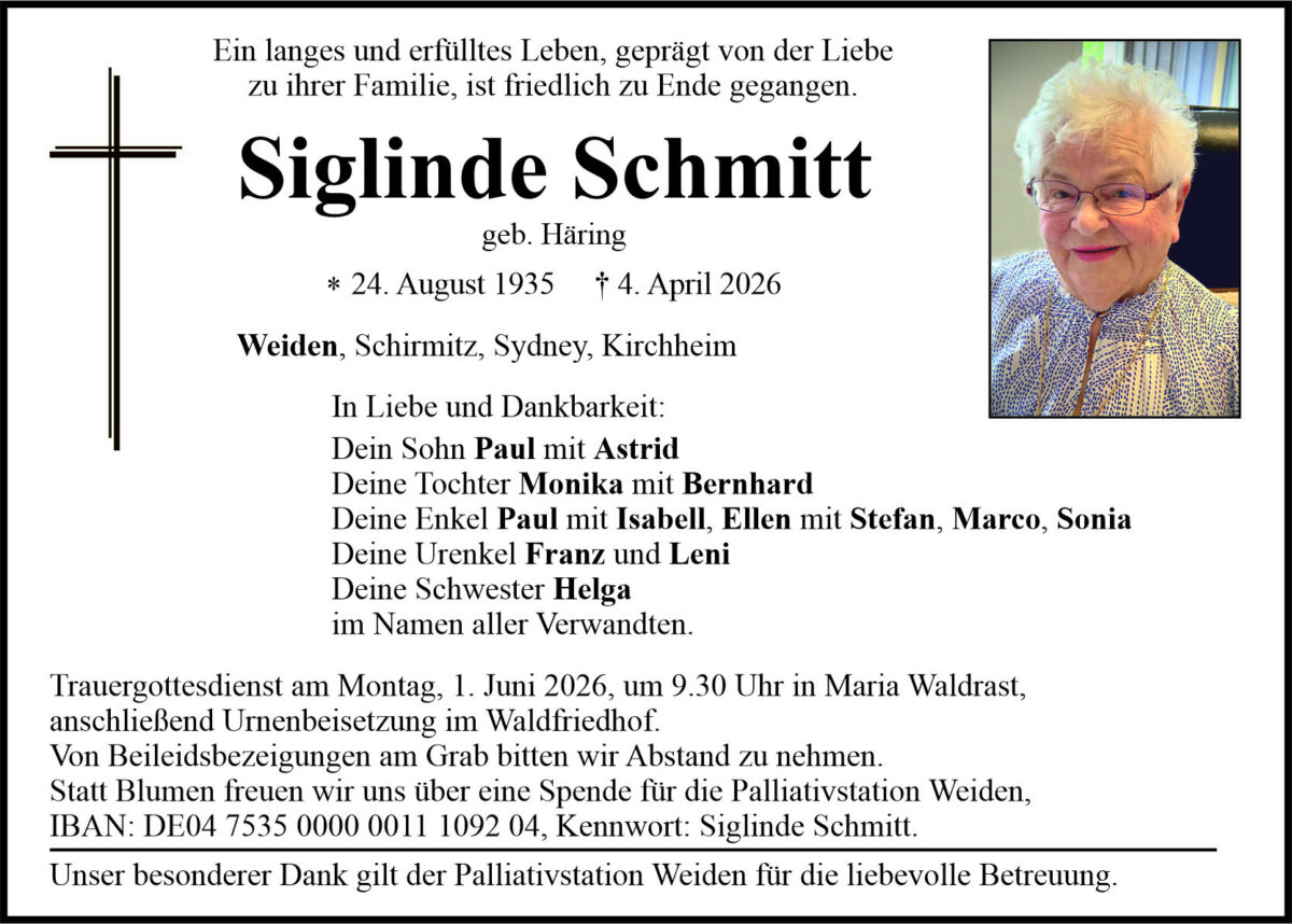 Traueranzeige Siglinde Schmitt, Weiden